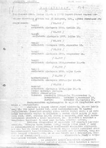 Részlet a Deportáltakat Gondozó Országos Bizottság által felvett jegyzőkönyvekből (Forrás: DEGOB-jegyzőkönyvek: 129, MZSL)
